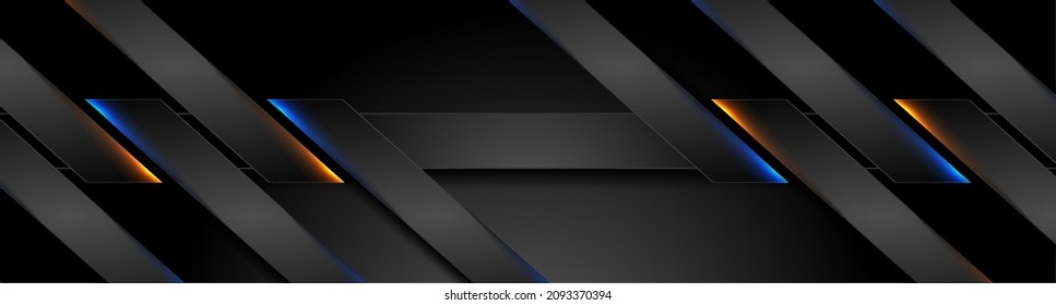 Abstract black stripes with blue orange neon glowing light. Vector technology banner design