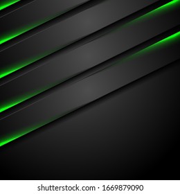 Abstract black stripes with green neon glowing light. Vector technology design