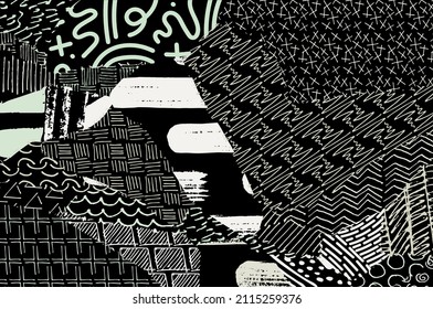 Abstrakte schwarze Striche, handgezeichnete Vektormuster. Retro abstraktes Muster im geometrischen Stil. Abstraktes, mehrfarbiges geometrisches Muster.	
