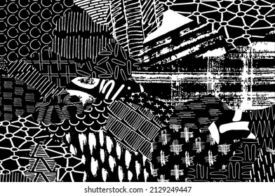 Abstrakte schwarze Striche, handgezeichnete Vektormuster. Abstrakter Hintergrund im geometrischen Stil. Abstraktes, mehrfarbiges geometrisches Muster	
