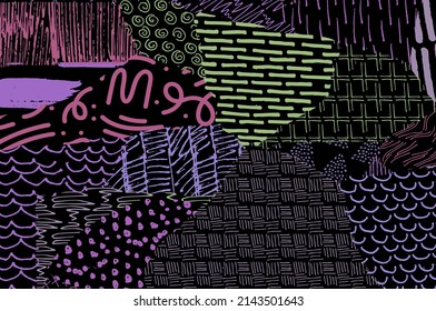 Abstrakte schwarze Striche, handgezeichnete Vektormuster. Abstrakter Hintergrund im geometrischen Stil. Abstraktes, mehrfarbiges geometrisches Muster	
