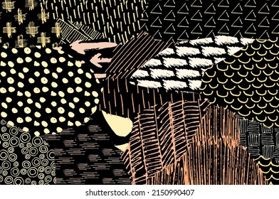 Abstract black strokes, Hand sketched Vector Pattern. Retro abstract pattern in geometric style. Abstract multicolored geometric pattern.	
