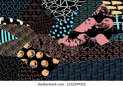 Abstract black strokes, Hand sketched Vector Pattern. Retro abstract pattern in geometric style. Abstract multicolored geometric pattern.	
