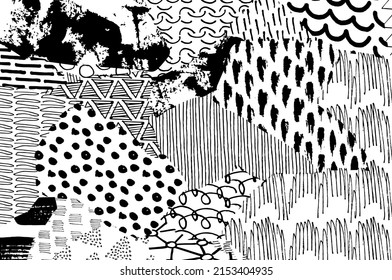 Abstrakte schwarze Striche, handgezeichnete Vektormuster. Retro abstraktes Muster im geometrischen Stil. Abstraktes, mehrfarbiges geometrisches Muster.	
