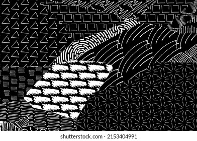 Resumen de trazos negros, patrón vector esbozado por la mano. Patrón abstracto retro en estilo geométrico. Resumen de patrón geométrico multicolor.	
