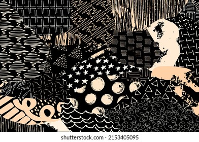 Abstract black strokes, Hand sketched Vector Pattern. Retro abstract pattern in geometric style. Abstract multicolored geometric pattern.	
