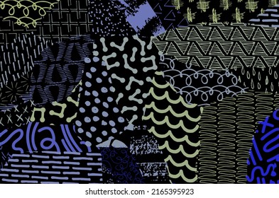 Abstract black strokes, Hand sketched Vector Pattern. Retro abstract pattern in geometric style. Abstract multicolored geometric pattern.	
