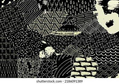 Abstract black strokes, Hand sketched Vector Pattern. Retro abstract pattern in geometric style. Abstract multicolored geometric pattern.	
