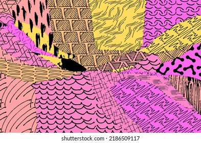 Abstract black strokes, Hand sketched Vector Pattern. Retro abstract pattern in geometric style. Abstract multicolored geometric pattern.	
