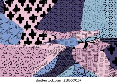 Abstract black strokes, Hand sketched Vector Pattern. Retro abstract pattern in geometric style. Abstract multicolored geometric pattern.	
