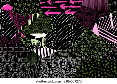 Abstract black strokes, Hand sketched Vector Pattern. Retro abstract pattern in geometric style. Abstract multicolored geometric pattern.	
