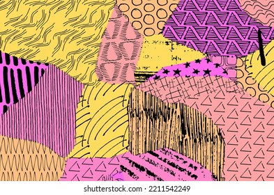 Abstract black strokes, Hand sketched Vector Pattern. Retro abstract pattern in geometric style. Abstract multicolored geometric pattern.	
