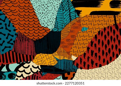 Abstract black strokes, Hand sketched Vector Pattern. Retro abstract pattern in geometric style. Abstract multicolored geometric pattern.	
