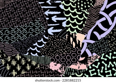 Abstract black strokes, Hand sketched Vector Pattern. Retro abstract pattern in geometric style. Abstract multicolored geometric pattern.	
