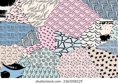 Abstract black strokes, Hand sketched Vector Pattern. Retro abstract pattern in geometric style. Abstract multicolored geometric pattern.	
