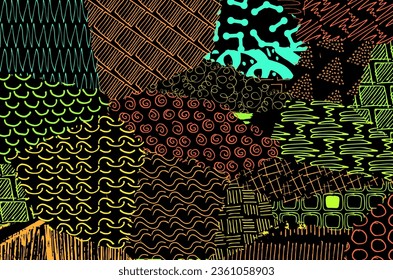 Abstract black strokes, Hand sketched Vector Pattern. Retro abstract pattern in geometric style. Abstract multicolored geometric pattern.	
