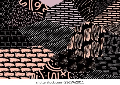 Abstrakte schwarze Striche, handgezeichnete Vektormuster. Abstrakter Hintergrund im geometrischen Stil. Abstraktes, mehrfarbiges geometrisches Muster	
