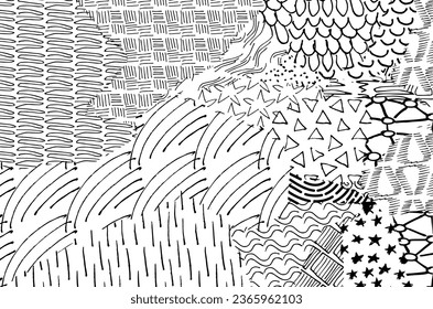 Resumen de trazos negros, patrón vector esbozado por la mano. Fondo abstracto en estilo geométrico. Resumen de patrón geométrico multicolor	
