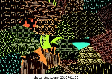 Resumen de trazos negros, patrón vector esbozado por la mano. Fondo abstracto en estilo geométrico. Resumen de patrón geométrico multicolor	

