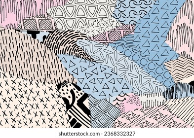 Abstract black strokes, Hand sketched Vector Pattern. Retro abstract pattern in geometric style. Abstract multicolored geometric pattern.	
