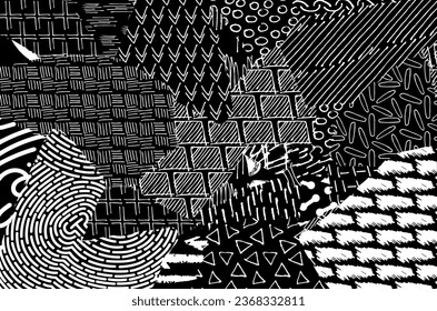 Abstract black strokes, Hand sketched Vector Pattern. Retro abstract pattern in geometric style. Abstract multicolored geometric pattern.	
