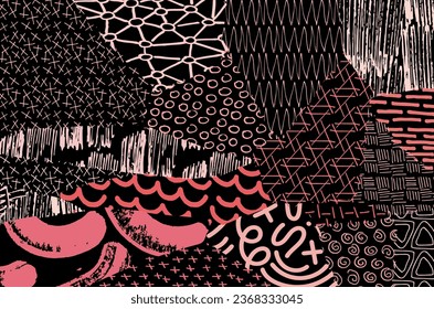 Abstrakte schwarze Striche, handgezeichnete Vektormuster. Retro abstraktes Muster im geometrischen Stil. Abstraktes, mehrfarbiges geometrisches Muster.	
