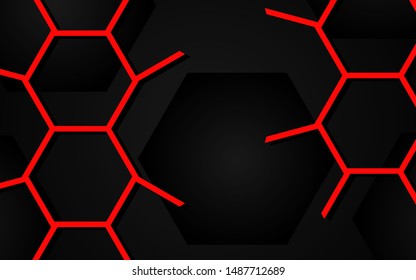 Abstract black structure a combination red color and hexagon pattern texture. Luxury technology concept and modern futuristic shape