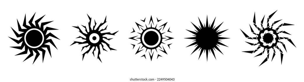 Abstract black sun or zigzag icon set. Sunshine, sunlight black symbol. Vector illustration isolated on white background.