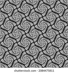 Abstract black swirl lines spiral spirograph shapes waves seamless ethnic pattern on the white background. Vector illustration. Wrapping paper.