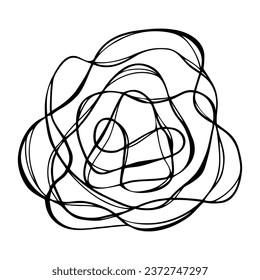 Abstract black tangled wavy line in a circle isolated on a white background, hand-drawn. Decorative background for design and decoration. A randomly confused thought. An unwound chaotic tangle.