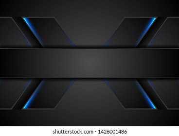 Abstract black tech background with blue neon glowing light. Vector technology design