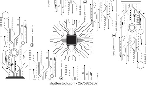 Abstract Black Tech Background with Circuit Lines and Dots
