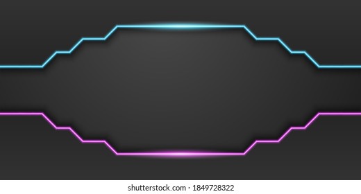 Resumen de fondo de tecnología negra, marco con línea de luz azul neón y púrpura, diseño mínimo oscuro con espacio de copia, ilustración vectorial