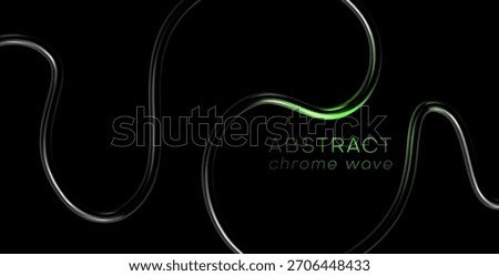 Abstract black template with chrome metal 3d wave shape. Futuristic ribbon swirl shape bg. Liquid 3d line, steel curve figure, glossy tube wave. Tech futuristic ribbon. Vector abstract illustration