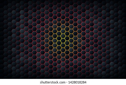Abstract black texture hexagon background. Yellow and red gradient color.