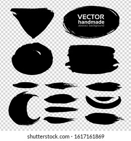 Abstract black textured brush strokes of different shapes isolated on imitation transparent background