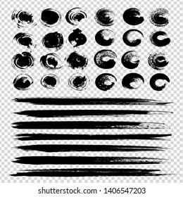 Abstract black textured circle and smooth smears very big set isolated on imitation transparent background