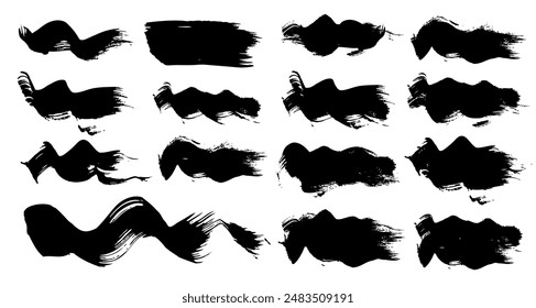 Abstract black textured smears big set isolated on a white background. Image produced without the use of any form of AI software at any stage.