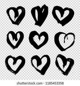 Abstract black textured smears in heart shape set isolated on imitation transparent background