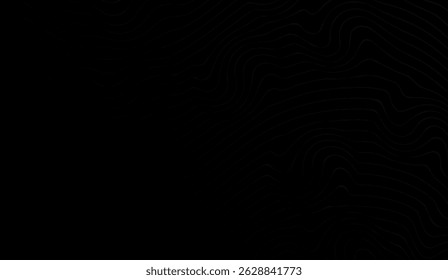 Fundo de linhas de contorno topográfico preto abstrato, fundo de gradiente escuro com padrão de terreno curvo, design de mapa moderno para projetos criativos e visuais