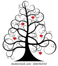 el árbol negro abstracto con corazones rojos
