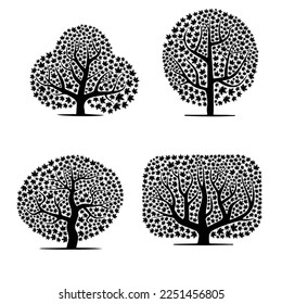 Abstract black tree silhouettes with different maple leaves isolated on white background
