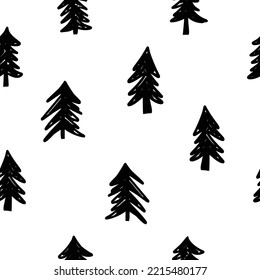 Abstract black trees seamless vector pattern. Needle tree, forest, doodle hand drawn repeating background black white monochrome. Christmas trees modern. For gift wrap, winter holiday decor, fabric.