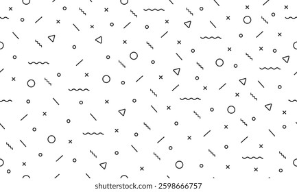 abstract black trendy geometric lines seamless pattern in background. memphis style pattern with different shapes decoration.zigzag and circle line shape