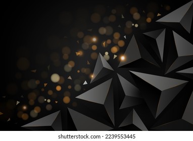 Abstract black triangle background with shiny golden lines. 3d triangles. Modern polygon geometric shape. Elegant design element. Luxury style with copy space for text. Vector illustration