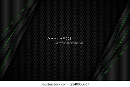 Abstract black triangle shape with green lines overlap multiple layers on dark steel mesh background. and free space for design
