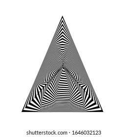 Abstract black triangle shape on white background. Optical illusion of distorted surface. Twisted stripes. Stylized 3d surface. Vector illustration. Great for wall art, poster, advertisement, banner 