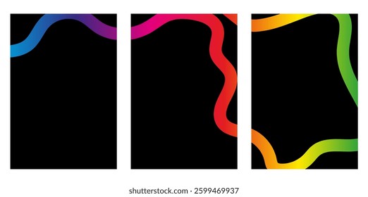 Abstract black triptych with colorful gradient wavy lines. Modern geometric design template with copy space for banner or poster