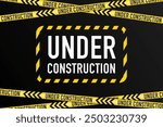 Abstract black under construction. Warning tape. Construction tape warning banner. Yellow and black background. Vector illustration