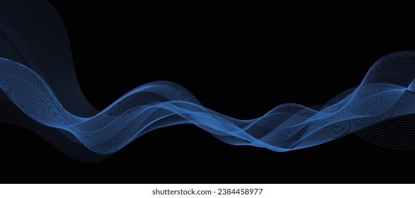 Abstract black vector background with blue wavy lines.